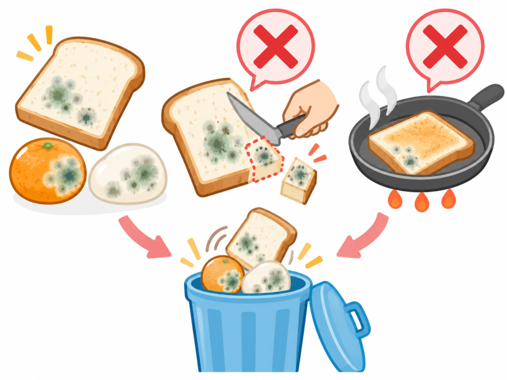 カビが生えた食品は見える部分だけ取らず廃棄することを示すイラスト