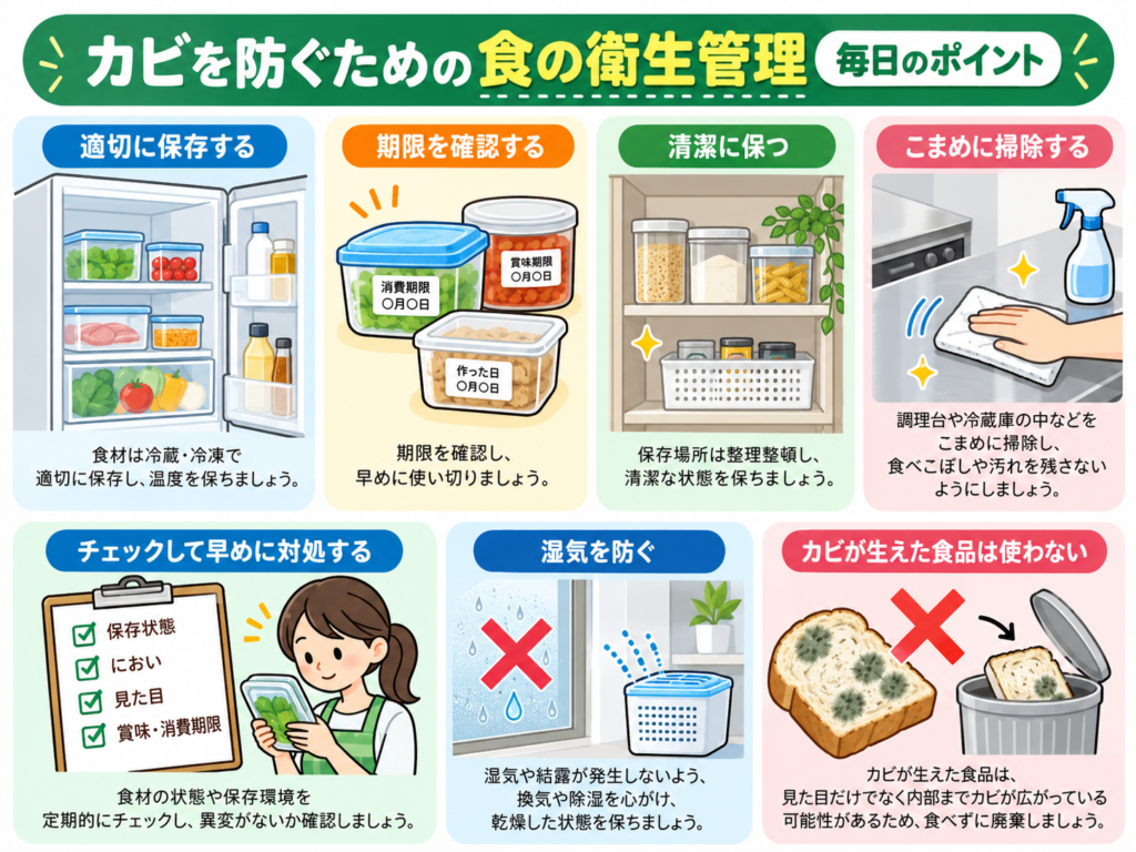食品の保存や清掃、点検などカビ予防のポイントを示すイラスト