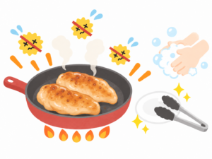 鶏肉の十分な加熱と手洗いなどカンピロバクター食中毒予防のイラスト