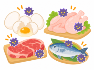 サルモネラ属菌による食中毒で注意したい卵や食肉などの食品のイラスト