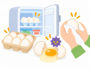 卵の冷蔵保存やひび割れた卵の取り扱いに注意するイラスト