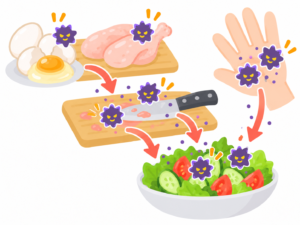 生の食品から手や調理器具を介して起こるサルモネラ属菌の二次汚染イラスト