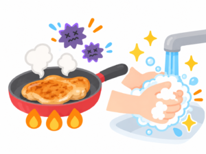 十分な加熱と手洗いでサルモネラ食中毒を予防するイラスト