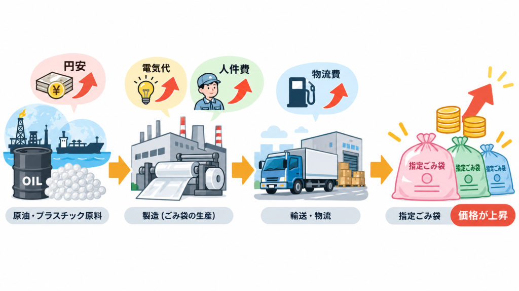 原材料費や製造費、物流費の上昇が指定ごみ袋の価格に影響する流れのイラスト