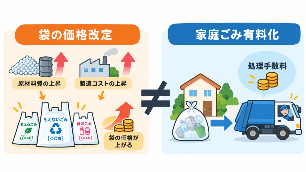指定ごみ袋の価格改定と家庭ごみ有料化の違いを示したイラスト