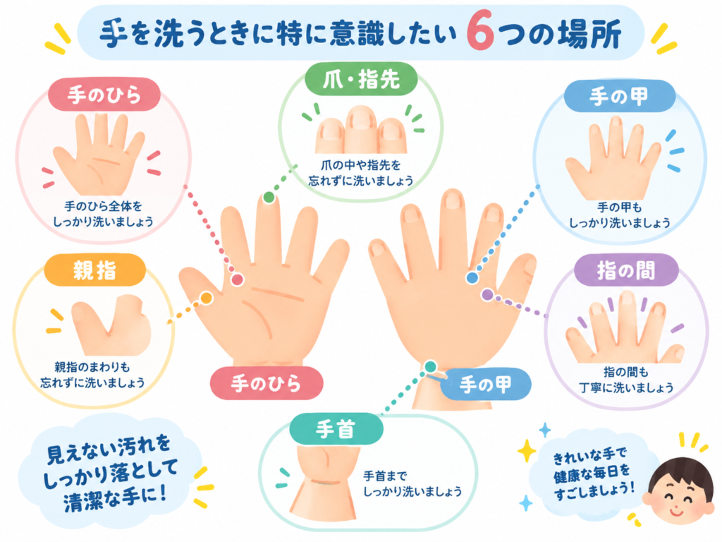 正しい手洗いで意識したい手の6つの場所