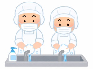食品を扱う現場で手洗いを行う従業員のイラスト